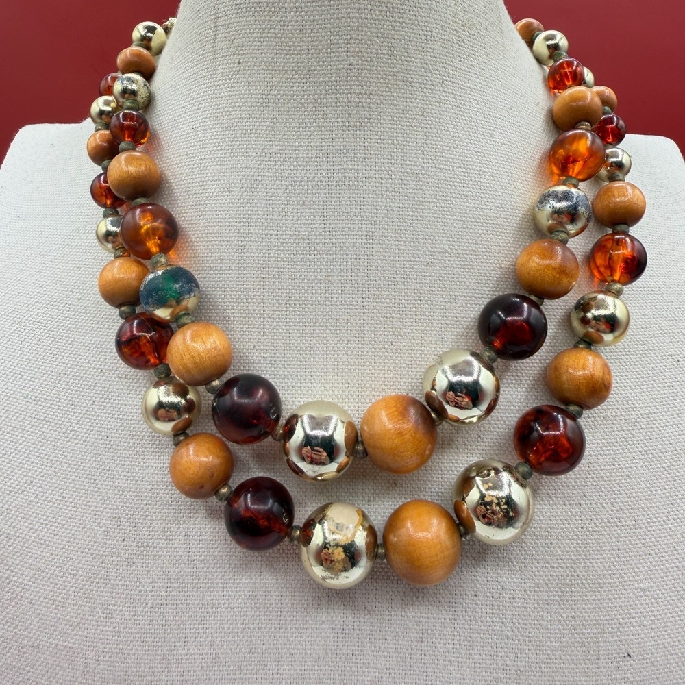 Double Strand Beaded Necklace Wood Amber & Gold Tone Beads Statement Vintage